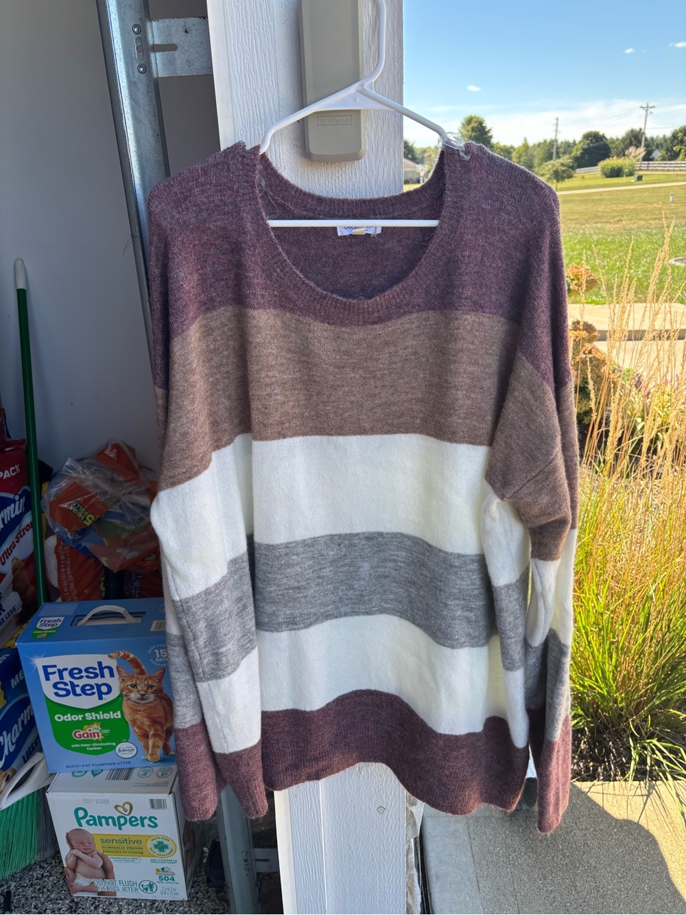 Chic Soul Striped Crewneck Sweater in Mauve, Cream & Gray